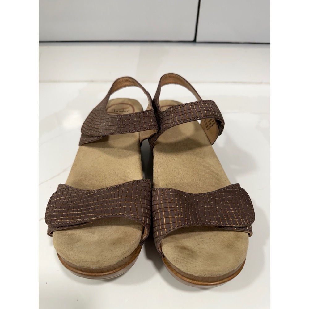Dansko Brown Leather Metallic Grid Platform Wedge Sandals Women 36